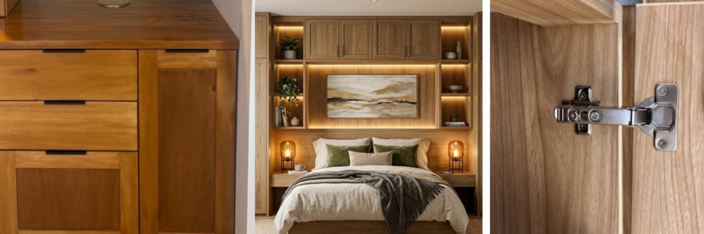 Detalle de acabados en madera maciza, iluminación LED y herrajes de cierre suave en clósets modulares a medida por de BOCETO en Guatemala