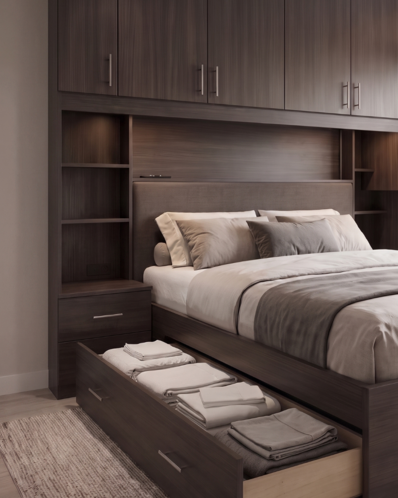 Camastrón modular de madera con gavetas de almacenamiento integrado y clóset cabecera de BOCETO en Guatemala