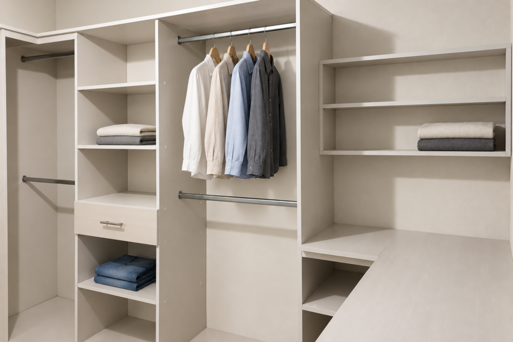 Interior de clóset de melamina clara con entrepaños, gaveta y barras para colgar ropa