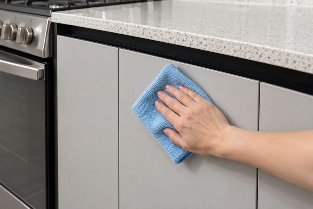 Mano limpiando una puerta de melamina gris claro con un paño de microfibra
